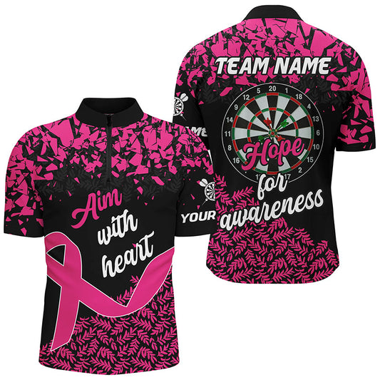 Individuelles Aim With Heart Hope Herren Dart Shirt mit Viertelreißverschluss, Brustkrebs Dart Trikot TDM2358