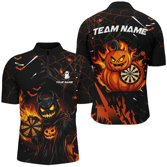 Individuelles Lustiger Kürbis Fire Flame Herren Shirt mit Viertelreißverschluss, Halloween Dart Team Geschenke Trikot TDM2622