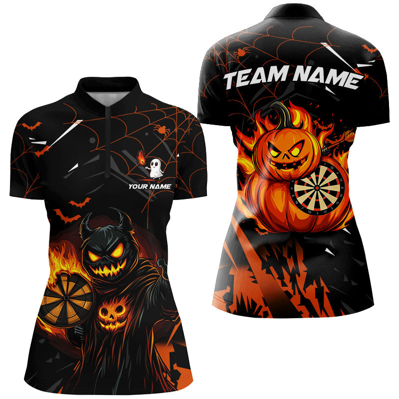 Individuelles Lustiges Kürbis Feuer Flamme Damen Quarter Zip Shirt, Halloween Dart Team Trikot Geschenke TDM2622