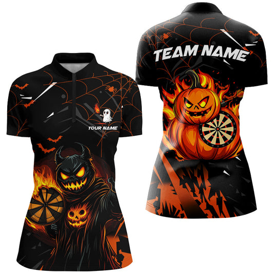 Individuelles Lustiges Kürbis Feuer Flamme Damen Quarter Zip Shirt, Halloween Dart Team Trikot Geschenke TDM2622