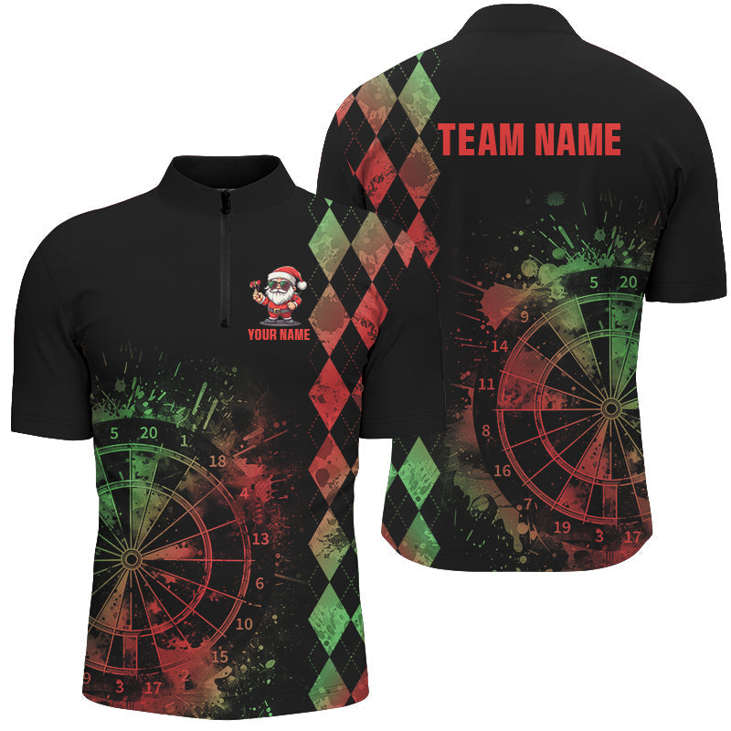Individuelles Grün und Rot Grunge Dartboard Argyle Muster Herren Dart Shirt mit Viertelreißverschluss TDM2849