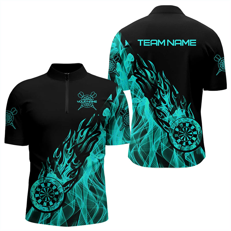 Schwarz Und Türkis Feuerflamme Darts Polo & Viertelreißverschluss Maßgeschneidertes Dartshirt Für Herren Trikots TDM3341