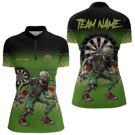 Individuelles Lustiges Zombie Grünes Dart Quarter Zip Shirt Für Damen – Team Dart Trikots TDM3805