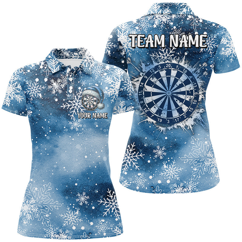 Individuelles Weihnachts Dart Poloshirt für Damen, Blaues Schneeflocken Muster Dart Trikot Team TDM2859