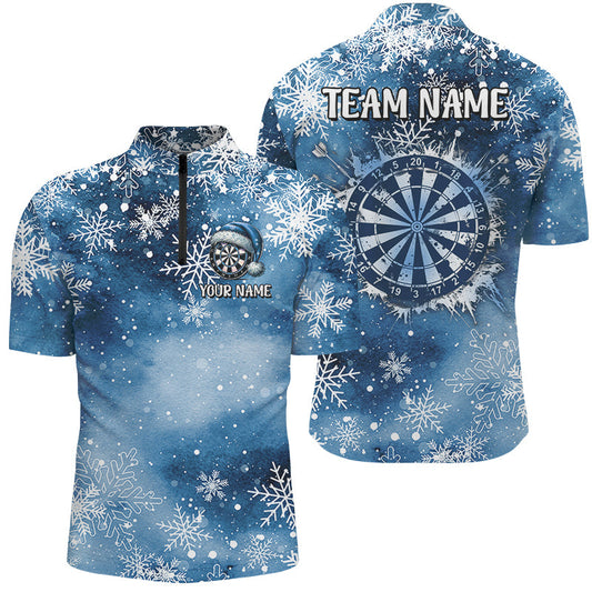 Individuelles Weihnachts Dart Herren Shirt mit Viertelreißverschluss, Blaues Schneeflocken Muster Dart Trikot Team TDM2859