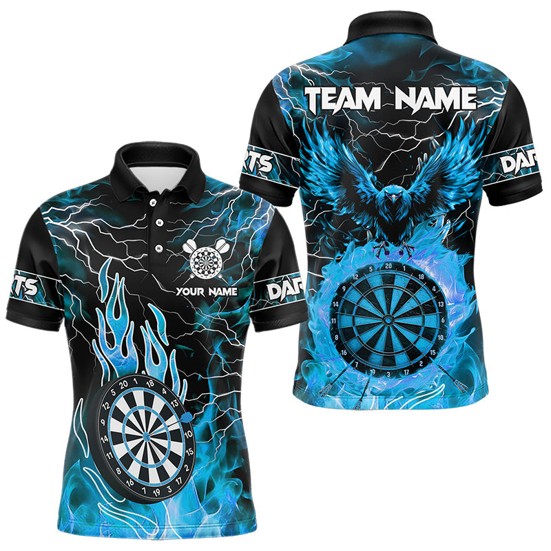 Individuelles blaues Blitz-Dartbrett-Feuer-Adler-Poloshirt für Herren, Darttrikot TDM3507