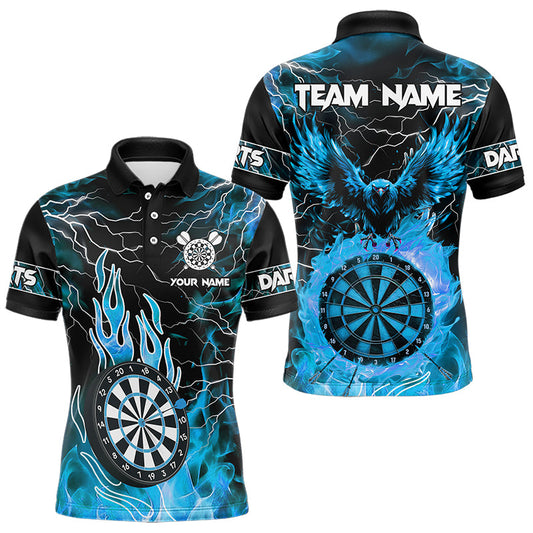 Individuelles blaues Blitz-Dartbrett-Feuer-Adler-Poloshirt für Herren, Darttrikot TDM3507