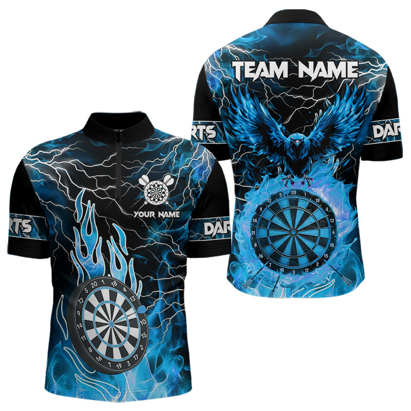 Individuelles Blaues Blitz Dartboard Feuerflamme Adler Herren Viertelreißverschluss Shirt, Dart Trikot TDM3507