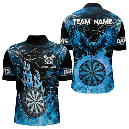 Individuelles Blaues Blitz Dartboard Feuerflamme Adler Herren Viertelreißverschluss Shirt, Dart Trikot TDM3507