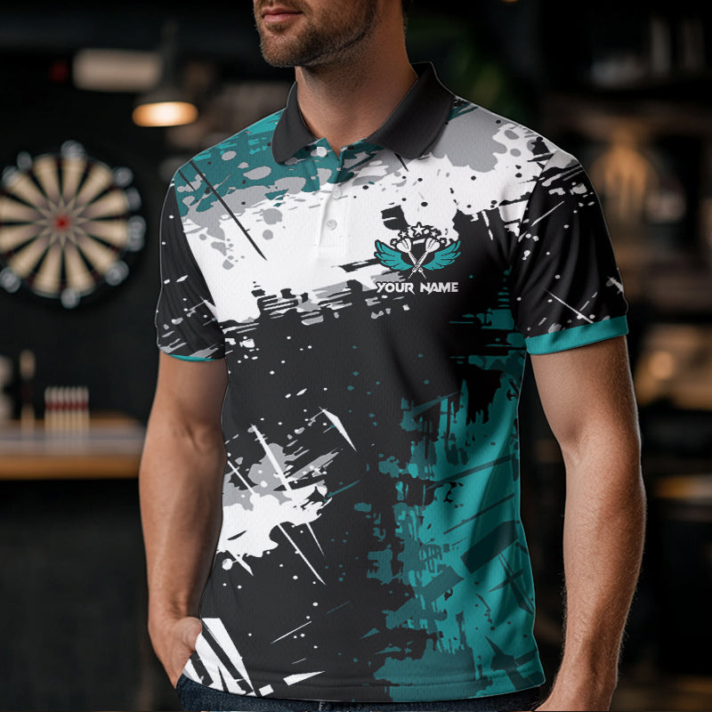 Grunge Türkis Farbspritzer Dart Polo & Viertelreißverschluss Maßgeschneiderte Herren Dartshirts Darts Trikots TDM3509