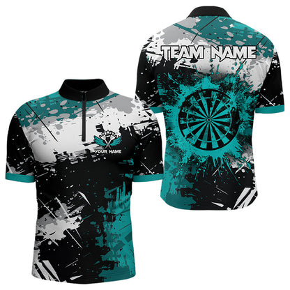 Grunge Türkis Farbspritzer Dart Polo & Viertelreißverschluss Maßgeschneiderte Herren Dartshirts Darts Trikots TDM3509