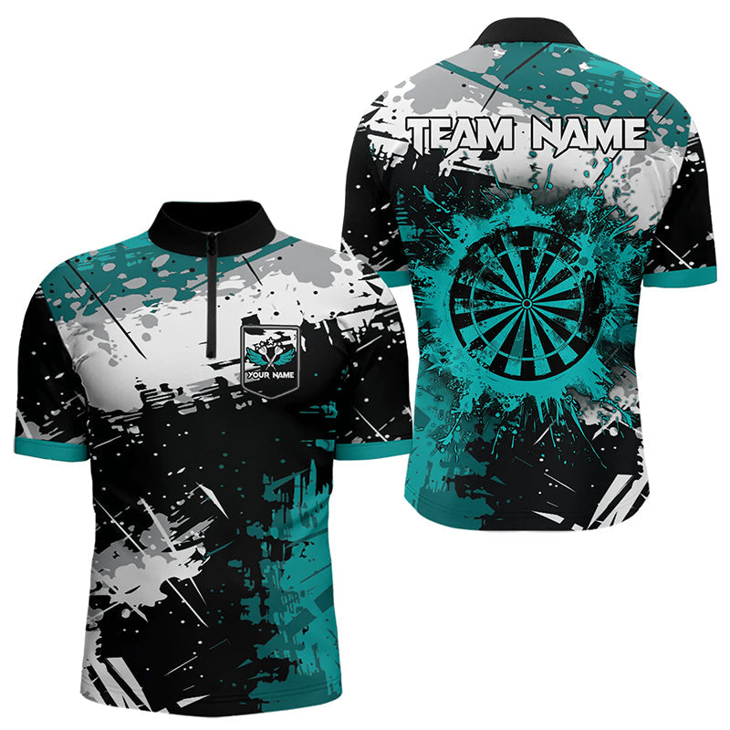 Grunge Türkis Farbspritzer Dart Polo & Viertelreißverschluss Maßgeschneiderte Herren Dartshirts Darts Trikots TDM3509
