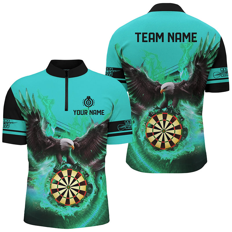 Individuelles Adler fliegend auf Dartboard Feuer Herren Shirt mit Viertelreißverschluss, Türkises Dart Trikot TDM2127