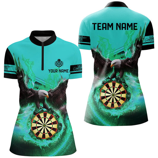 Individuelles Adler fliegend auf Dartboard Feuer Damen Quarter Zip Shirt, Türkises Dart Trikot TDM2127