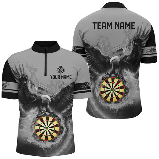 Individuelles Adler Fliegender Auf Dartboard Fire Dart Herren Shirt mit Viertelreißverschluss, Graues Dart Trikot TDM2383