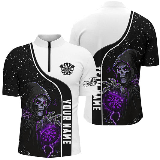 Individuelles Lila Death Skeleton Herren Shirt mit Viertelreißverschluss, Darts Team Trikot TDM2626