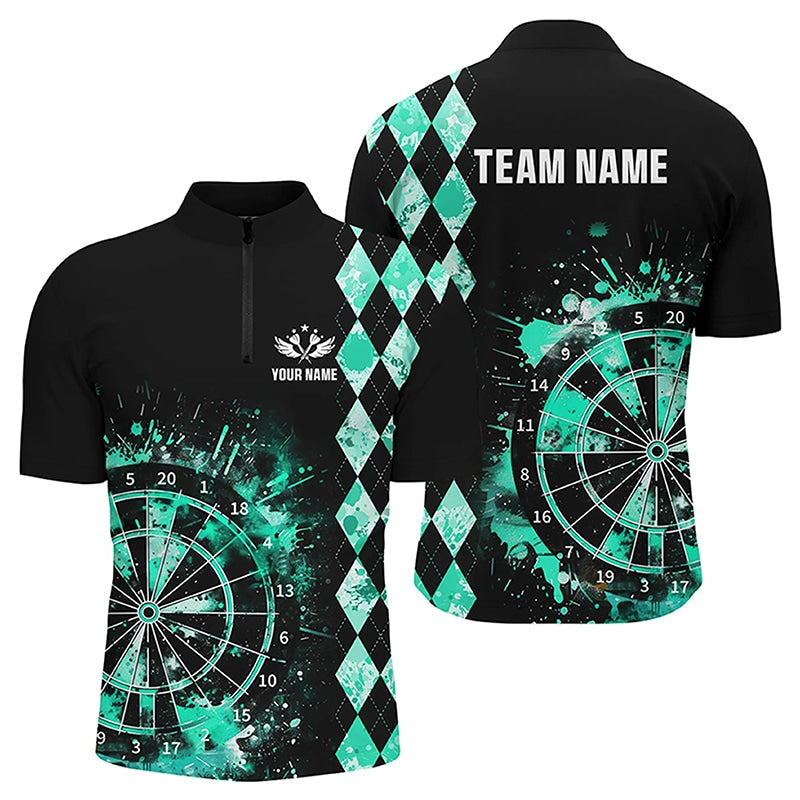 Individuelles Türkises Grunge Dartboard Argyle Muster Dart Herren Shirt mit Viertelreißverschluss, Dart Trikot TDM3343