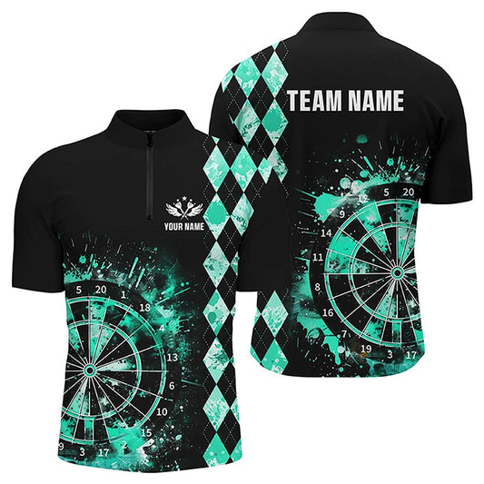 Individuelles Türkises Grunge Dartboard Argyle Muster Dart Herren Shirt mit Viertelreißverschluss, Dart Trikot TDM3343