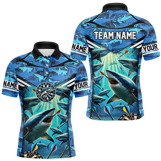 Individuelles blaues Hai-Ozean-Tarn-Dart-Poloshirt für Herren, Darttrikot TDM3515