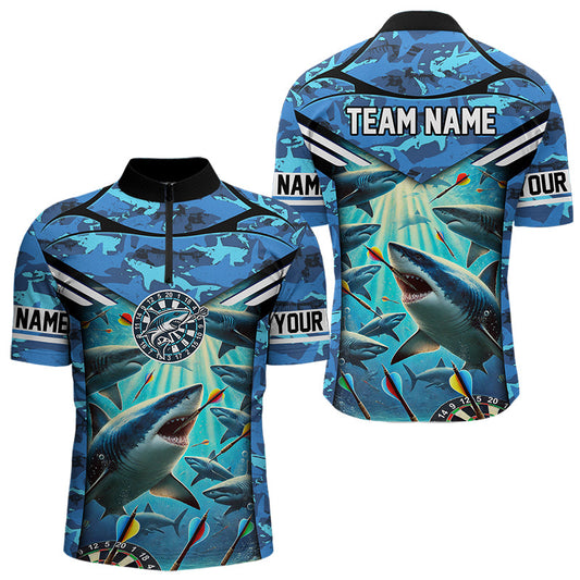 Individuelles Blaue Hai Ozean Camo Dart Viertelreißverschluss Herren Shirt, Dart Trikot TDM3515