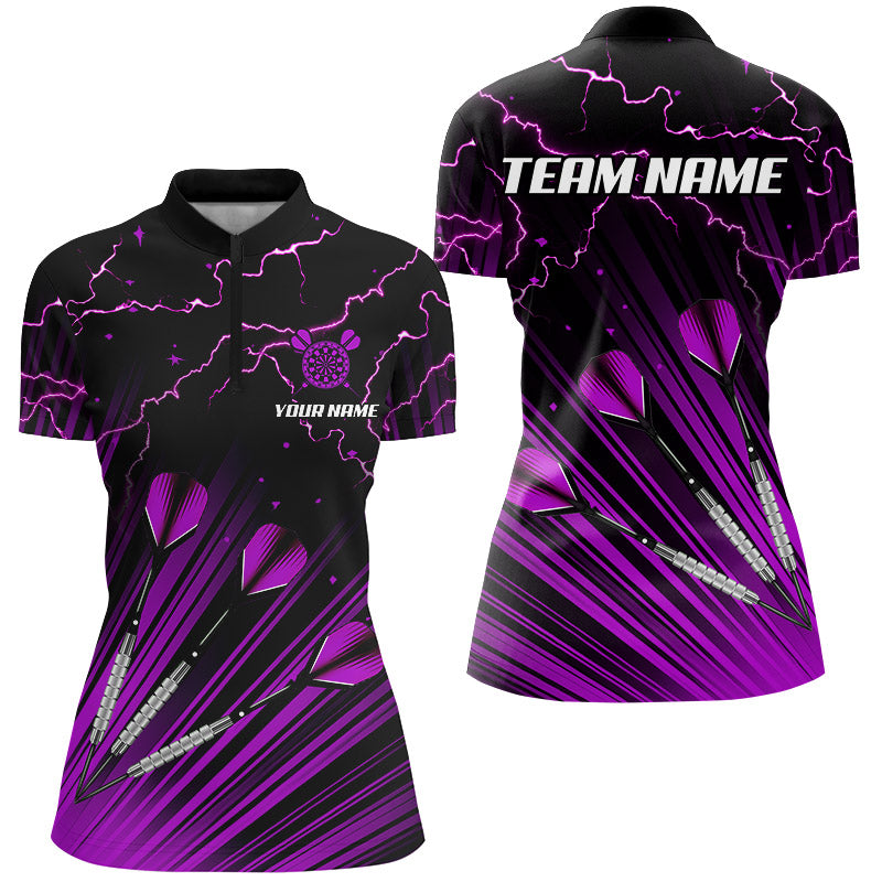 Lila Blitz-Pfeil Damen-Dartpolo, personalisiertes 1/4-Reißverschluss Teamtrikot TDM2637