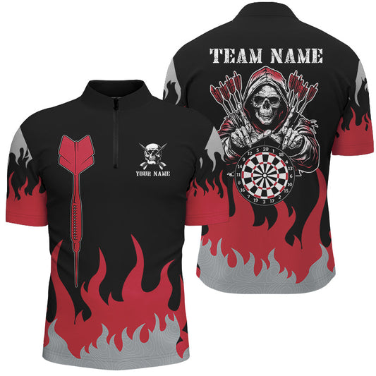 Individuelles Dart Pfeil Und Flammen Muster Dart Herren Shirt mit Viertelreißverschluss, Gruseliger Skeleton Dart Trikot TDM2884
