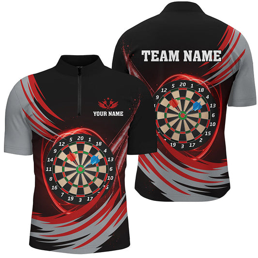 Individuelles Schwarz-Rotes Blitz Dartboard Herren Shirt mit Viertelreißverschluss, Dart Team Trikots TDM1349