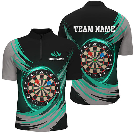 Individuelles Schwarz-Türkis Blitz Dartboard Herren Shirt mit Viertelreißverschluss, Dart Team Trikots TDM1350