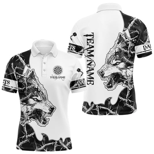 Individuelles weiß-schwarzes Tarn-Wolf-Dart-Poloshirt für Herren – Team-Darttrikots TDM3815