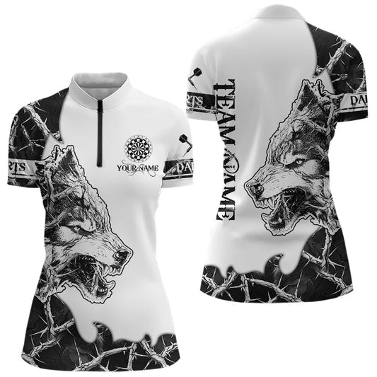 Individuelles Weiß-Schwarz Camo Wolf Dart Damen Quarter Zip Shirt – Team Dart Trikots TDM3815