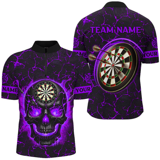 Individuelles Feuerflamme Skull Magma Muster Dart Herren Shirt mit Viertelreißverschluss, Lila Team Dart Trikot TDM3116
