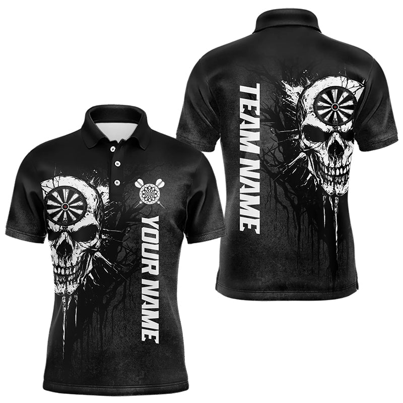 Individuelles schwarz-weißes dunkles Schädel-Dart-Poloshirt für Herren, Dart-Teamtrikot TDM3370