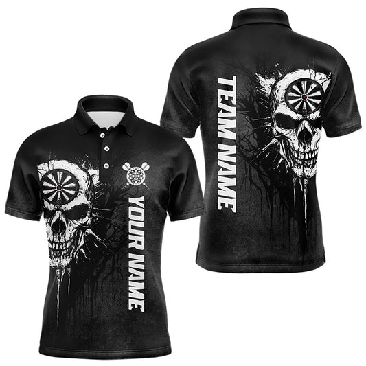 Individuelles schwarz-weißes dunkles Schädel-Dart-Poloshirt für Herren, Dart-Teamtrikot TDM3370
