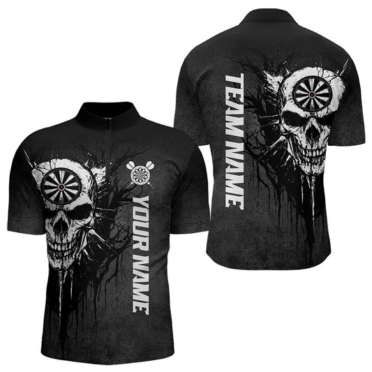 Individuelles Schwarz Weiß Dunkles Skull Darts Herren Shirt mit Viertelreißverschluss, Dart Trikot Team Uniform TDM3370