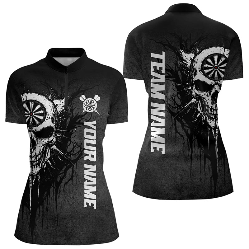 Individuelles Schwarz-Weiß Dunkler Schädel Darts Damen Quarter Zip Shirt, Dart Trikot Team Uniform TDM3370
