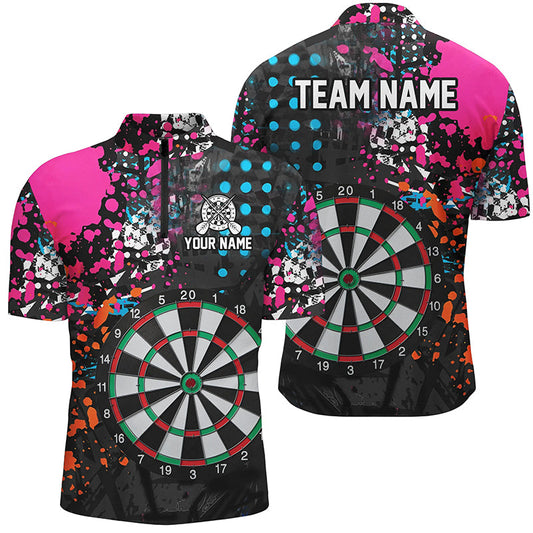 Buntes Grunge Stil Dartboard Herren Shirt mit Viertelreißverschluss, Dart Team Trikot für Spieler TDM1356