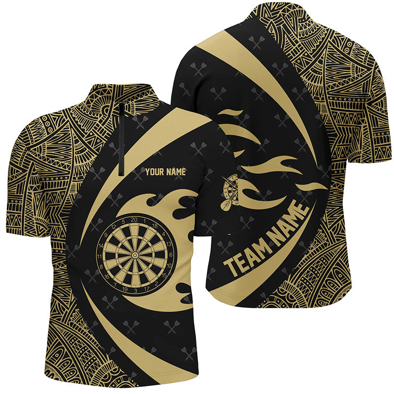 Gelb-Schwarzes Tribal Muster Dart Herren Shirt mit Viertelreißverschluss, Dart Team Trikot TDM1357