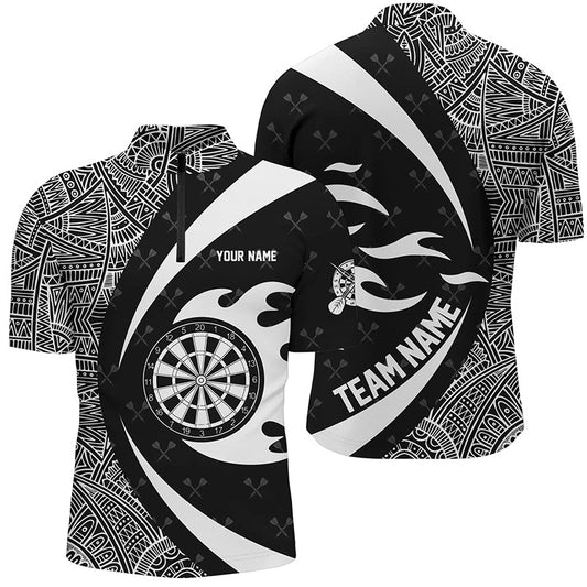 Individuelles Weiß-Schwarzes Tribal Muster Dart Herren Shirt mit Viertelreißverschluss, Dart Team Trikot TDM1358