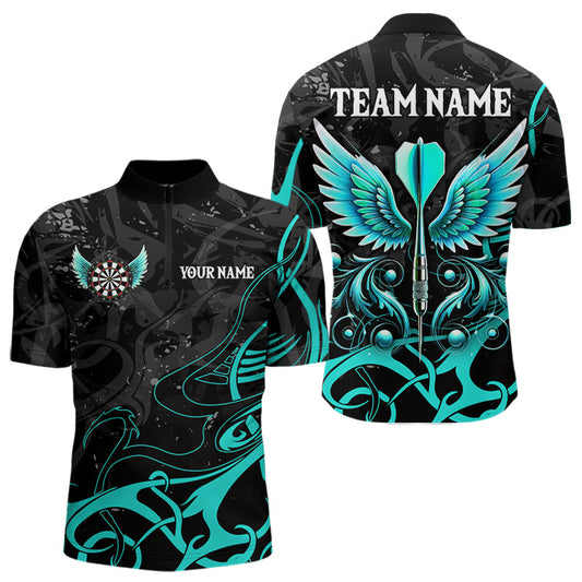 Individuelles Türkis Schwarz Darts Pfeil Dart Viertelreißverschluss Herren Shirt, Dart Trikot Team Outfit TDM3668