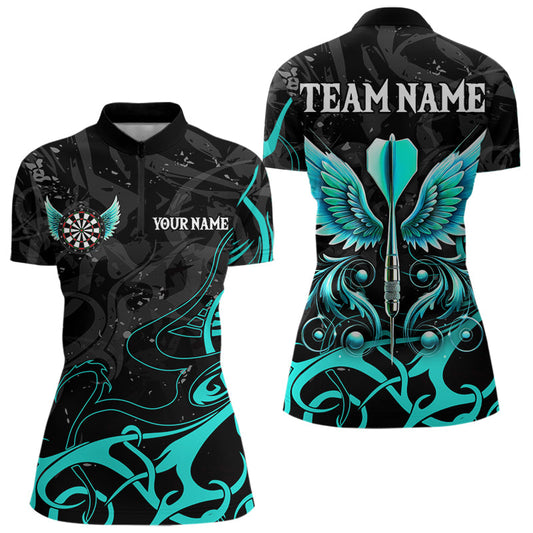 Individuelles Türkis-Schwarz Darts Pfeil Dart Damen Quarter Zip Shirt, Dart Trikot Team Outfit TDM3668