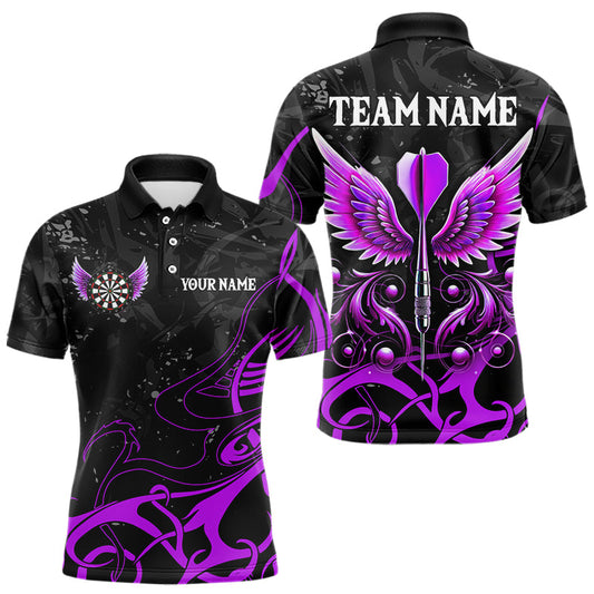 Individuelles lila-schwarzes Dartpfeil-Flügel-Dart-Poloshirt für Herren, Darttrikot-Team-Outfit TDM3669