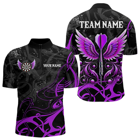 Individuelles Lila Schwarz Darts Pfeil Flügel Dart Viertelreißverschluss Herren Shirt, Dart Trikot Team Outfit TDM3669