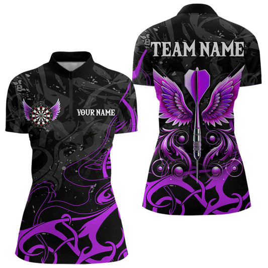 Individuelles Lila-Schwarz Darts Pfeil Flügel Dart Damen Quarter Zip Shirt, Dart Trikot Team Outfit TDM3669