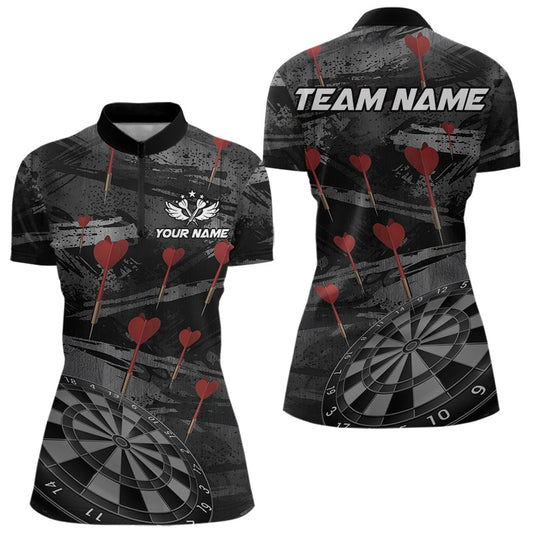 Individuelles Schwarz und Grau Grunge Dart Pfeil Damen Quarter Zip Shirt – Team Dart Trikots TDM3822