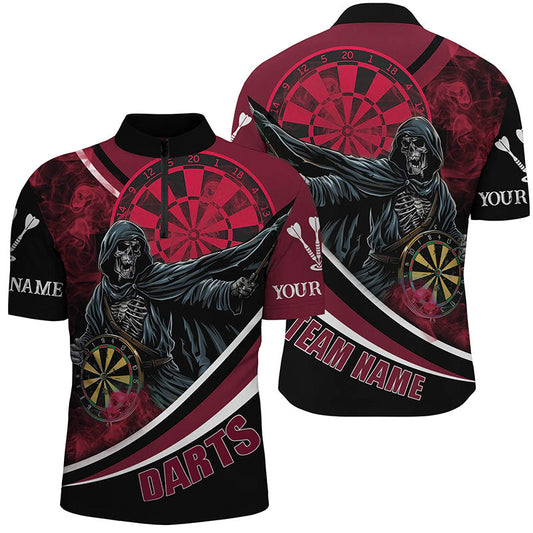 Todes-Skelett Rotes Dart Trikot Dart Herren Shirt mit Viertelreißverschluss, Dart Liga Shirt TDM1727