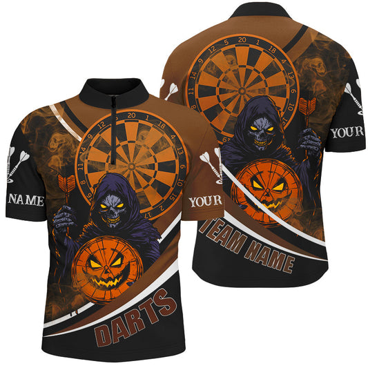 Individuelles Death Skeleton Dartboard Gesicht Halloween Herren Shirt mit Viertelreißverschluss, Dart Trikot TDM2664
