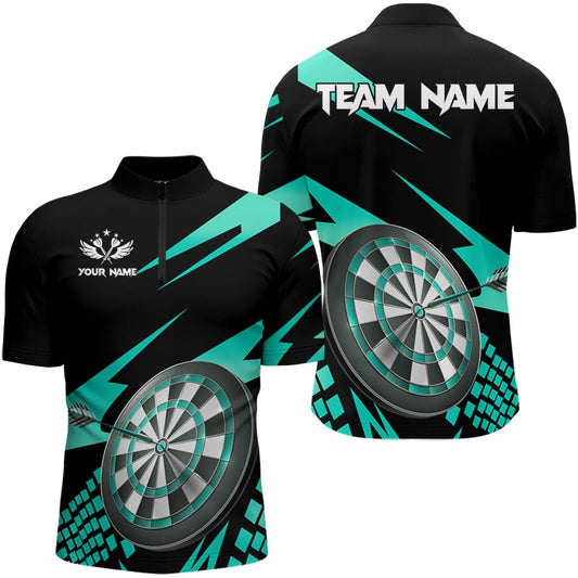 Individuelles Cyan Schwarz Herren Shirt mit Viertelreißverschluss, Darts Board Dart Trikot Team Uniform TDM3139