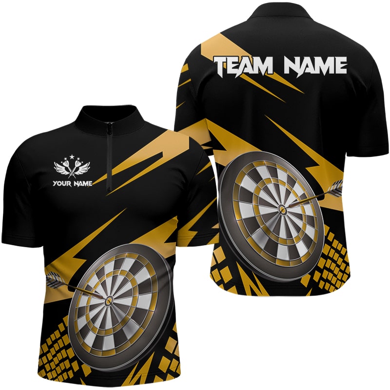 Gelb Schwarz Maßgeschneiderte Herren Dartshirts, 3D Darts Board Darttrikots Polo & 1/4 Reißverschluss TDM3140