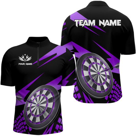 Individuelles Lila Schwarz Herren Shirt mit Viertelreißverschluss, Darts Board Dart Trikot Team Outfit TDM3141