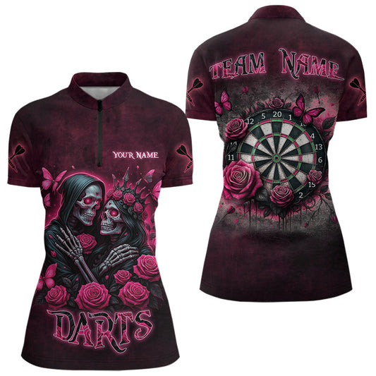 Individuelles Skelett und Rosen Gothic Romance Dart Damen Quarter Zip Shirt – Dart Trikot TDM3834